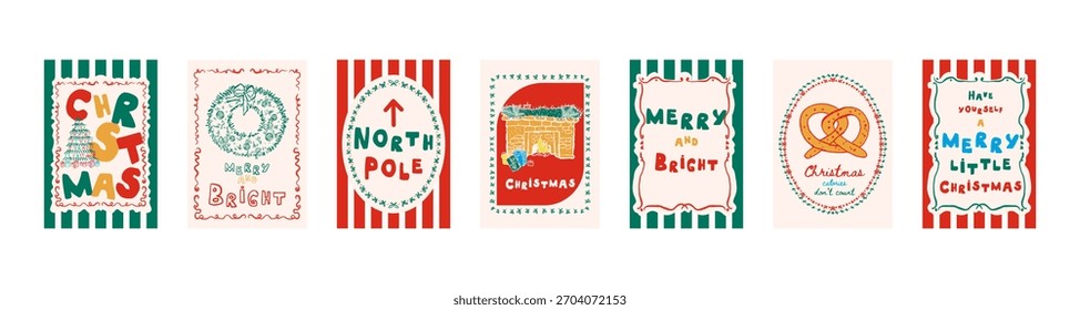 Conjunto de cartazes de vetor de Natal desenhado à mão. Cartas de saudação estilo esboço e banners com elementos festivos. Perfeito para design de férias e impressões. Inclui rabiscos de arte em linha.