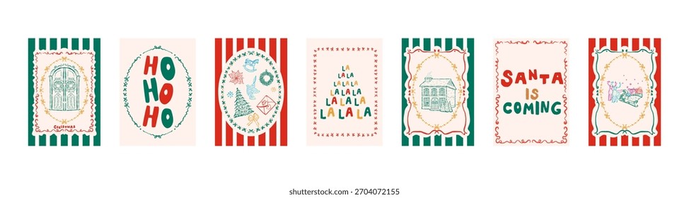 Hand-drawn Christmas Vector Poster Set. Sketch style greeting cards and banners with festive elements. Perfect for holiday design and prints. Includes line art doodles.