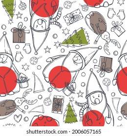 Hand-drawn Christmas vector seamless pattern with  Santa Claus and Christmas tree. Sketch illustration.