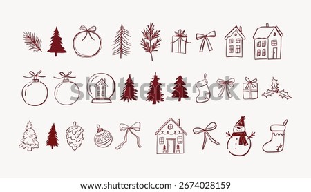 Hand-Drawn Christmas Whimsy Decor Elements. Doodle Style. Christmas Festive decoration. Winter holiday ornament, leaf, ribbon, and tree. Flat vector illustration isolated on white background