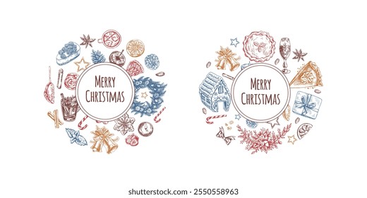 Hand-drawn Christmas wreath and holiday treats with "Merry Christmas" text