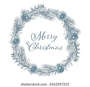 Hand-drawn Christmas wreath with pine branches and dried oranges. Holiday greeting card design.