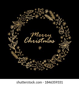 Hand-drawn Christmas wreath. Spruce branches, berries, Holly, ilex and a Christmas star in a raw rough linear style. Gold elements on a black background. Vector illustration. Merry Christmas text