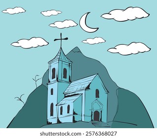 Hand-drawn church standing on a hill with crescent moon and clouds in the sky