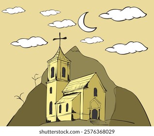 Hand-drawn church standing on a hill with crescent moon and clouds in the sky