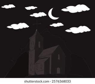 Hand-drawn church standing on a hill with crescent moon and clouds in the sky