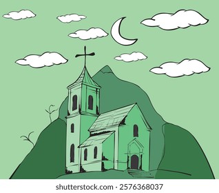 Hand-drawn church standing on a hill with crescent moon and clouds in the sky