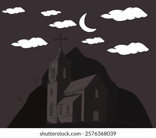 Hand-drawn church standing on a hill with crescent moon and clouds in the sky