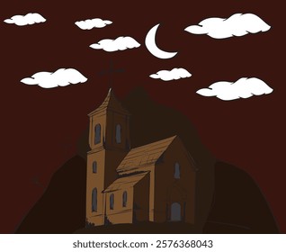 Hand-drawn church standing on a hill with crescent moon and clouds in the sky