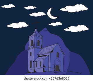 Hand-drawn church standing on a hill with crescent moon and clouds in the sky