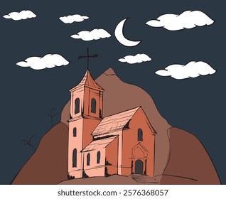 Hand-drawn church standing on a hill with crescent moon and clouds in the sky