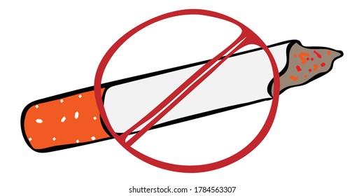 hand-drawn cigarette in doodle style. red prohibition sign