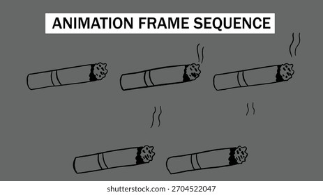 Imagem desenhada à mão do contorno do cigarro queimando a sequência do quadro da animação do objeto. Item Esboçado com Efeito de Fumaça Crescente. Elemento gráfico de vapor abstrato 2D para ilustração.
