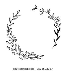 Hand-Drawn Circle Frame with Leaves and Flowers botanical wreath