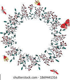 hand-drawn circle, grass, butterflies. Vector illustration.