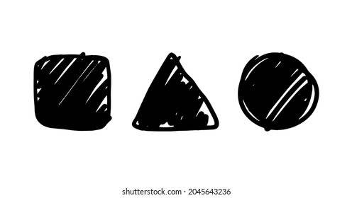 Hand-drawn circle, square, and triangle shapes. Set of free hand-drawn vector shaded figures. Stock illustration of filled geometric backgrounds isolated on white background.