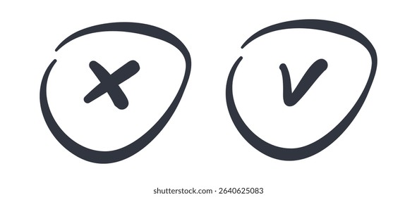 Handdrawn circle tick and cross icons in brush stroke style. Cute round checkmarks for lists, UI, validation, stickers, or doodle-style projects. Vector sketch on white background.