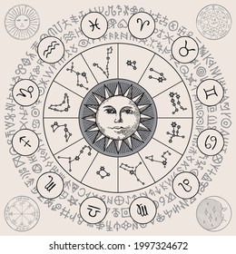 Hand-drawn circle of Zodiac signs with icons, constellations, Sun and magic runes written in a circle. Vector banner in retro style with horoscope symbols for astrological predictions and forecasts