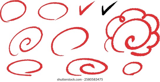 Hand-drawn circles, flower marks, and check mark icons