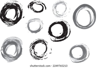 Hand-drawn circles. Monochrome vector rings. isolated design elements in grayscale. Grunge texture. Round print on a white background..