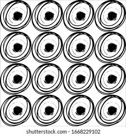 Hand-drawn circles seamless pattern. A circle of many fine lines, in the center a round spot. Black and white vector illustration.