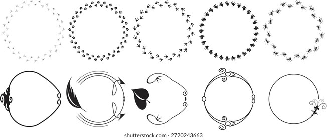 Quadro circular desenhado à mão definido com estilos de anel pontilhado, tracejado e decorativo. Bordas redondas de esboço mínimas perfeitas para etiquetas, logotipos, emblemas e layouts criativos. Elementos de contorno versáteis para projetos de design modernos e vintage.