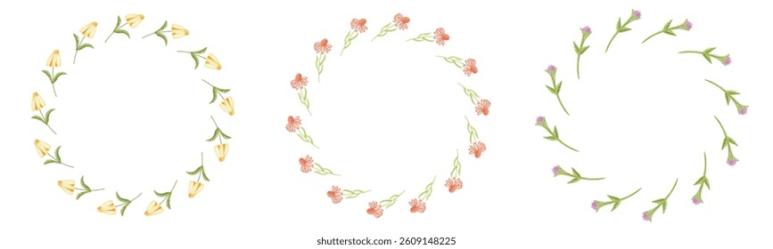 Hand-Drawn Circular Frames Featuring Yellow Lily, Orange Bloom, and Lavender Designs. A set of three circular frames includes yellow lilies, orange blossoms, and lavender stems. These delicate 