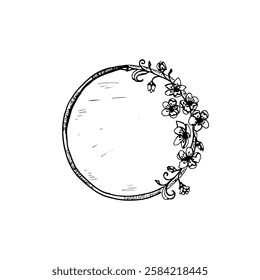 Hand-drawn circular wreath design, delicate flowers and leaves.
