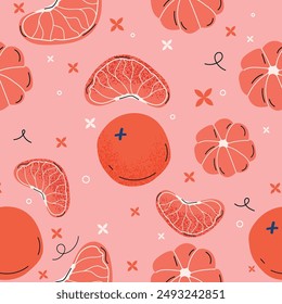 Handdrawn citrus fruit pattern on pink background
