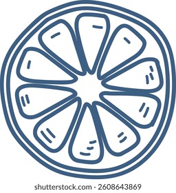 A hand-drawn citrus slice with bold outlines and simple shapes. The fruit segment is depicted in a minimalistic style emphasizing its geometric form. Cartoon vector illustration.