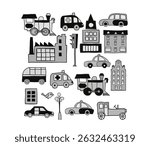 Hand-drawn city elements depict various modes of transportation, buildings, and infrastructure, creating a cohesive urban scene in grayscale