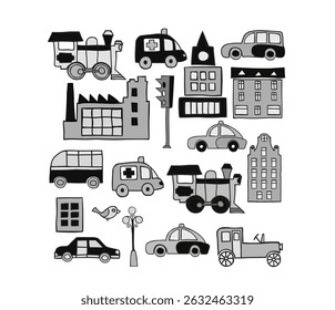 Hand-drawn city elements depict various modes of transportation, buildings, and infrastructure, creating a cohesive urban scene in grayscale