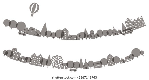hand-drawn cityscape illustration (monochrome, curvy)