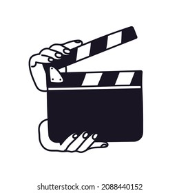Hand-drawn clapperboard in hands. Hands hold a clapperboard to start filming. Black on a white silhouette of a cinematic video stitching tool. Vector illustration.