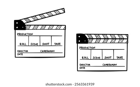 Hand-drawn clapperboard illustration in a doodle style. Featuring classic black and white stripes with space for scene, take, and date.