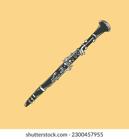 Hand-Drawn Clarinet Instrument Doodle Vector Illustration in Black and White