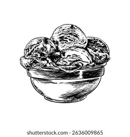 Hand-Drawn classic Ice Cream gelato bowl – Black and White Dessert Sketch