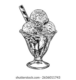 Hand-Drawn classic Ice Cream Sundae – Black and White Dessert Sketch