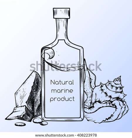 Hand-drawn clear glass bottle with seashell and cristal. Engraving illustration. Nature healthy cosmetic product design elements.  Vector illustration 