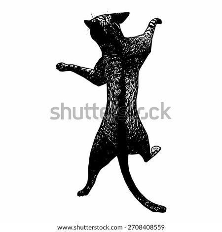 Hand-drawn climbing or jumping cat in vintage engraved style with dynamic posture and detailed fur texture.