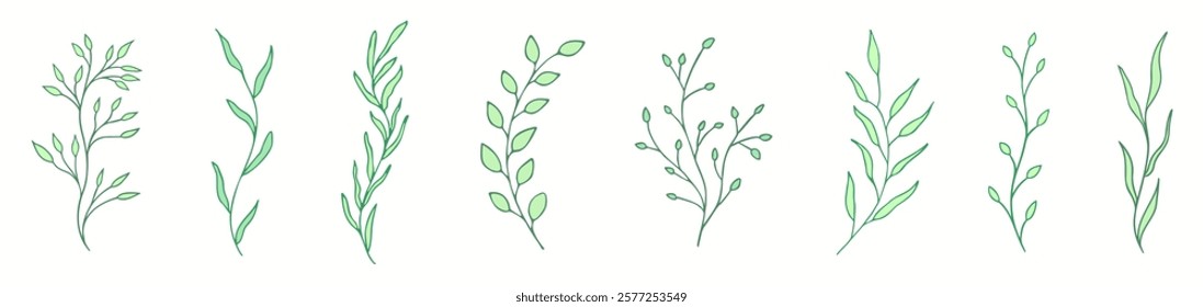 Hand-drawn clipart with subtle leaves of various shapes in green shades. Decorative botanical elements for nature-themed projects, wedding designs, packaging, or delicate botanical art