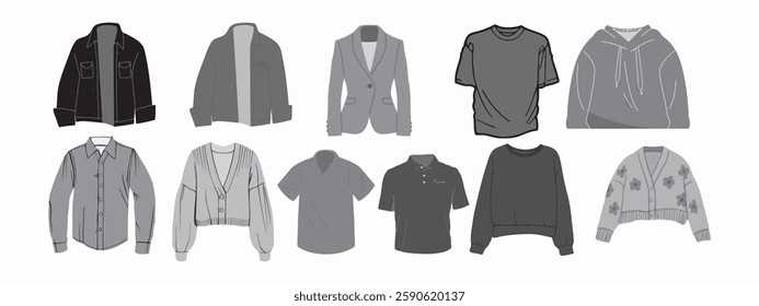 Hand-drawn clothes collection. Line art vector graphics set.