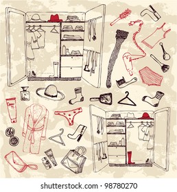 Hand-drawn clothes and woman things