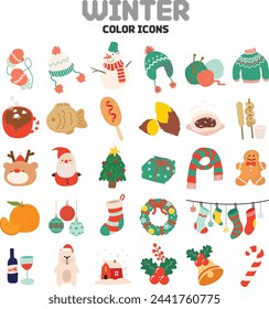 Hand-drawn clothing, food, and Christmas icons symbolizing winter