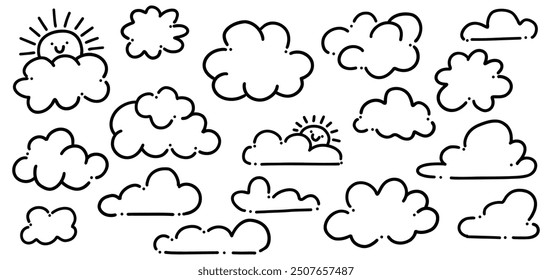 Hand-Drawn Cloud Doodle Set | Cute Cartoon Sun and Cloud Line Art Illustrations for Weather, Children’s Design, and Creative Projects