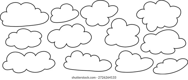 Conjunto de doodle de nube dibujado a mano aislado sobre fondo blanco. Lindas nubes de cielo de contorno en estilo de dibujos animados con espacio vacío. Elementos de diseño de Clima y naturaleza para niños, ilustraciones, cómics y proyectos gráficos.