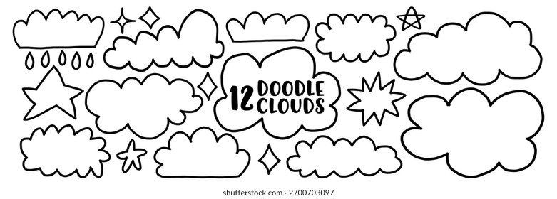 Nubes dibujadas a mano garabatean con sol, luna y estrellas diminutas. Los contornos Abstractas crean un aspecto de Vector lindo y simple. Ideal para proyectos infantiles, pegatinas o patrones de fondo