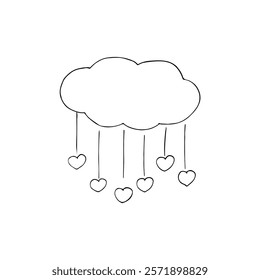 A hand-drawn cloud with hearts. Rain instead of drops, hearts. Isolated illustration on a white background.