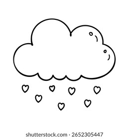 Nuvem desenhada à mão com gotas de chuva em forma de coração em um amor de corações