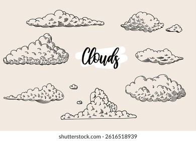 Hand-drawn cloud illustrations in various shapes and sizes, perfect for adding a whimsical touch to any design project.